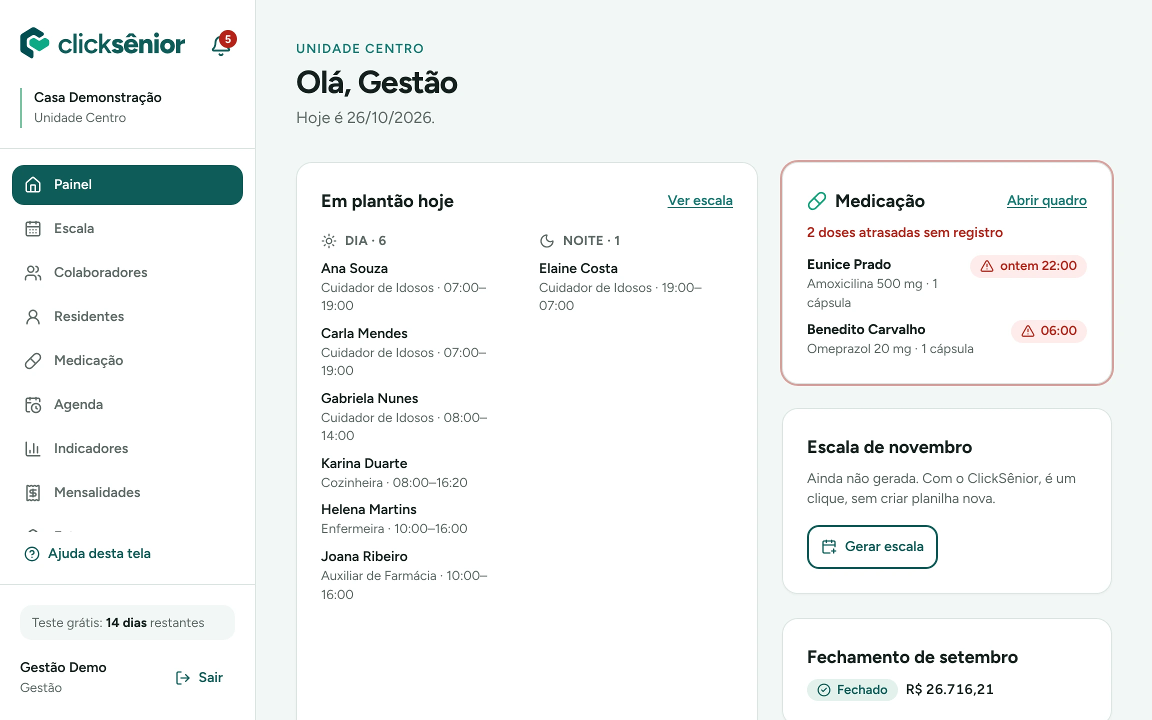 Tela Painel do dia do ClickSênior no computador